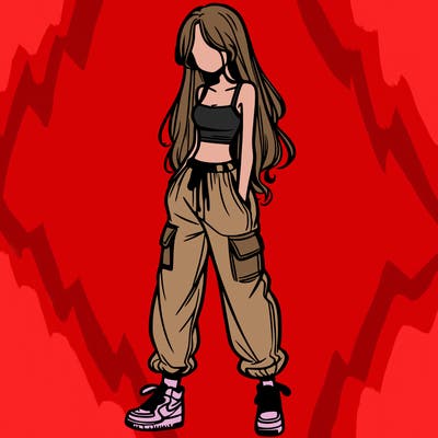 girl in baggy pants crop top and long hair