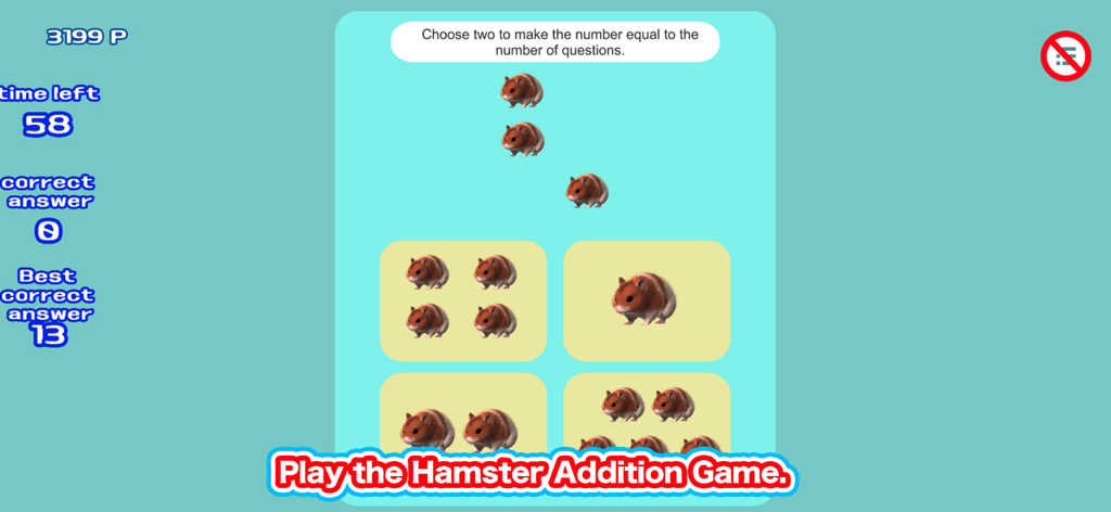 Pantalla de minijuego de sumas de hámster que muestra un rompecabezas matemático con lindos hámsteres para niños