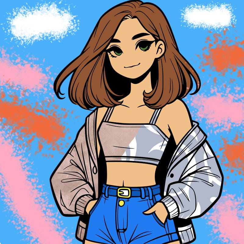 a realistic girl with a crop top and short shorts in an open jacket