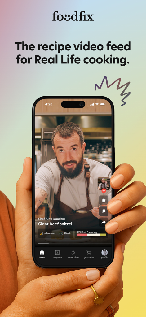 FoodFix app showing a short-form video recipe feed with a chef and nutritional information