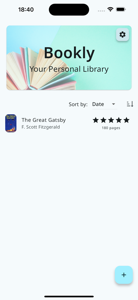 Bookly - Reading Tracker - Bookly app interface showing a personal library with The Great Gatsby book entry