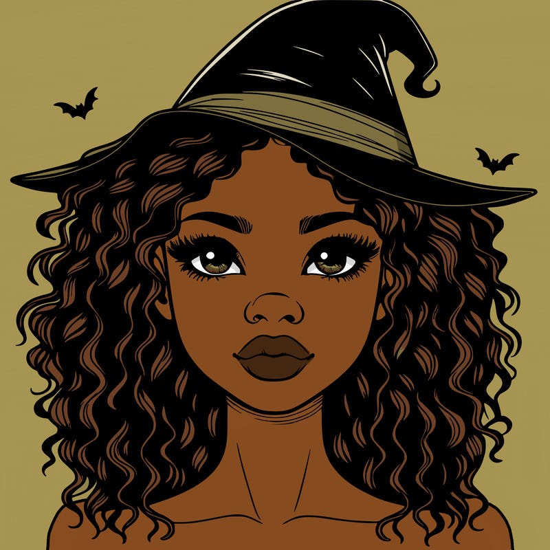 realistic black girl with wavy hair and witch hat and nose and lips