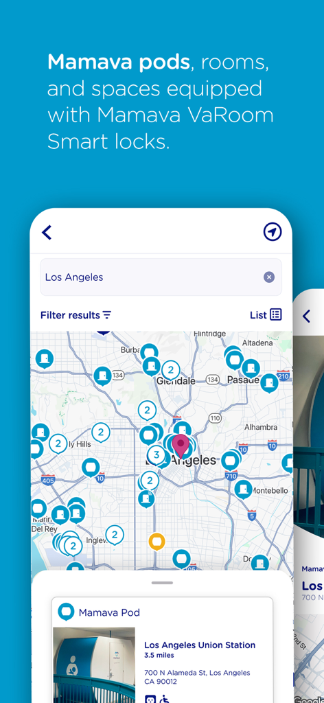 Map view in the Mamava app showing various lactation pods and private spaces available in Los Angeles.