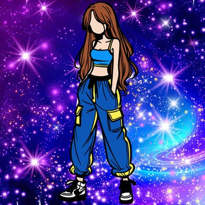 girl in baggy pants crop top and long hair