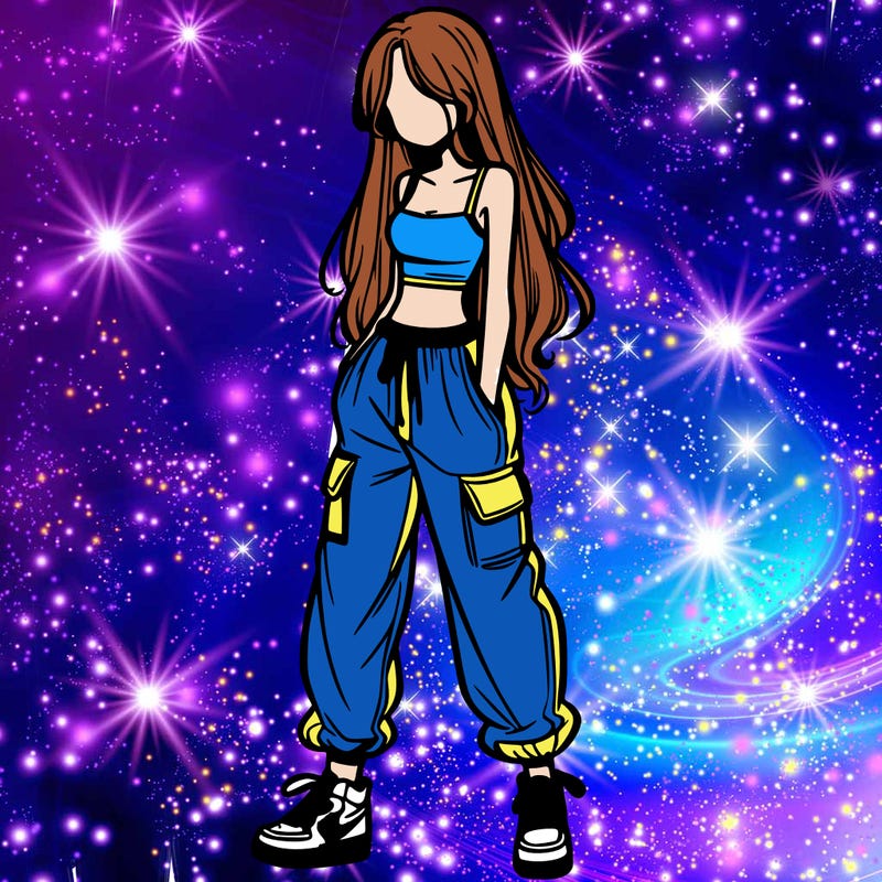 girl in baggy pants crop top and long hair