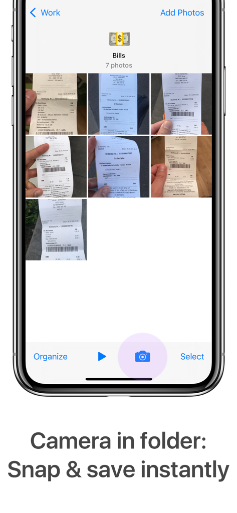 Interfaz de la aplicación Utiful que muestra una carpeta de Facturas con recibos y un botón de cámara para capturar y guardar fotos al instante.