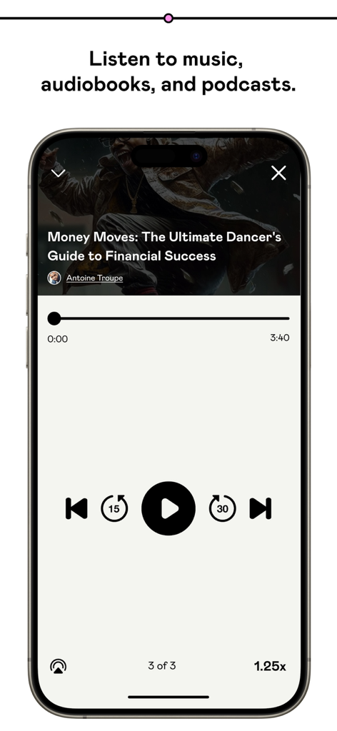 Gumroad mobile app interface for listening to audiobooks and podcasts.