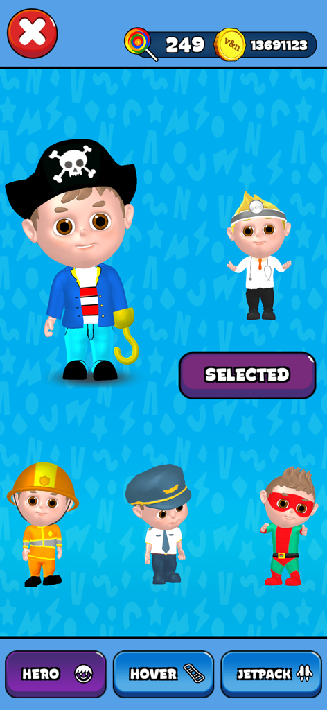 Pantalla de personalización de personajes de Vlad and Niki Run mostrando atuendos de héroe que incluyen pirata, doctor, bombero y superhéroe