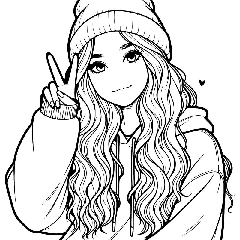 a teenage girl in a beanie, oversized sweatshirt, wavy long hair, and is showing a ✌️