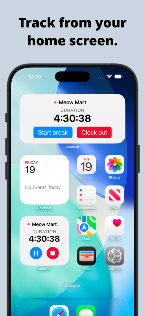 iPhoneのホーム画面。労働時間と期間を追跡するためのアクティブなタイマーウィジェットを表示。