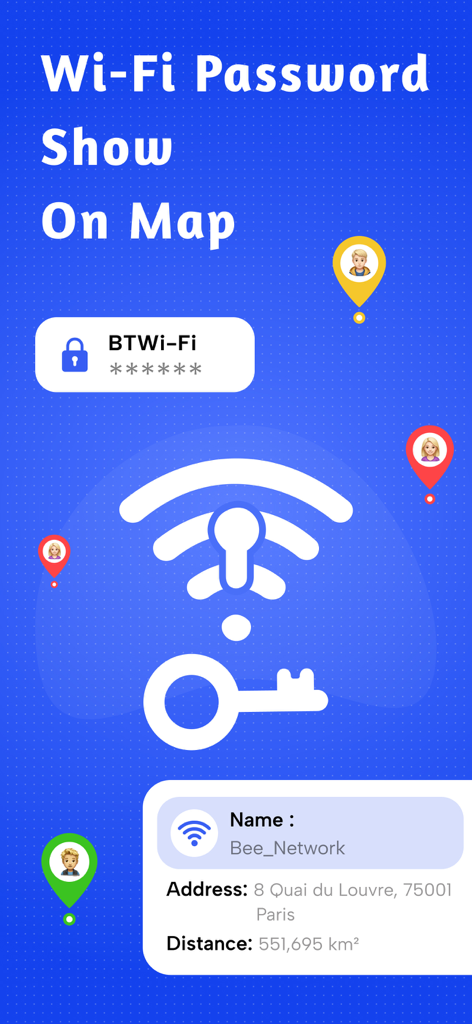 WiFi on Map : WiFi Finder - App screen showing Wi-Fi hotspot passwords and location details on a map