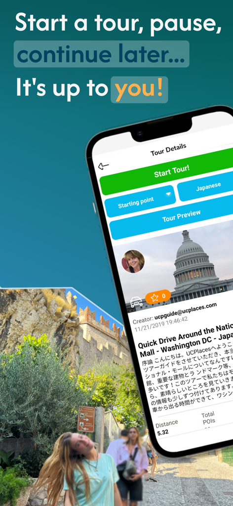 UCPlaces | Your tour guide app - Smartphone-Bildschirm zeigt UCPlaces App-Tourdetails mit Text, der die Möglichkeit hervorhebt, Touren in Ihrem eigenen Tempo zu starten, zu pausieren und fortzusetzen