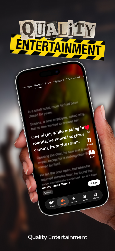 Hand holding a smartphone displaying the Wabu app reels interface with a short horror story