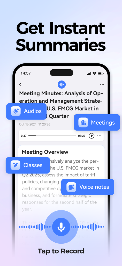 AIgo: AI Meeting Note Taker - Tela de smartphone mostrando o aplicativo AIgo gerando resumos instantâneos de reuniões para reuniões e aulas de áudio.