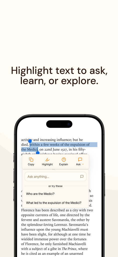 Mythos - AI Book Reader - Mythos AI Book Reader interface showing a highlighted text and AI question prompts on an iPhone screen