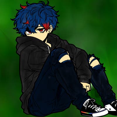 a male hoddie ripped jeans messy hair anime