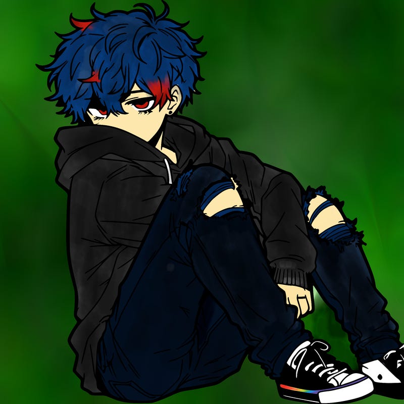 a male hoddie ripped jeans messy hair anime