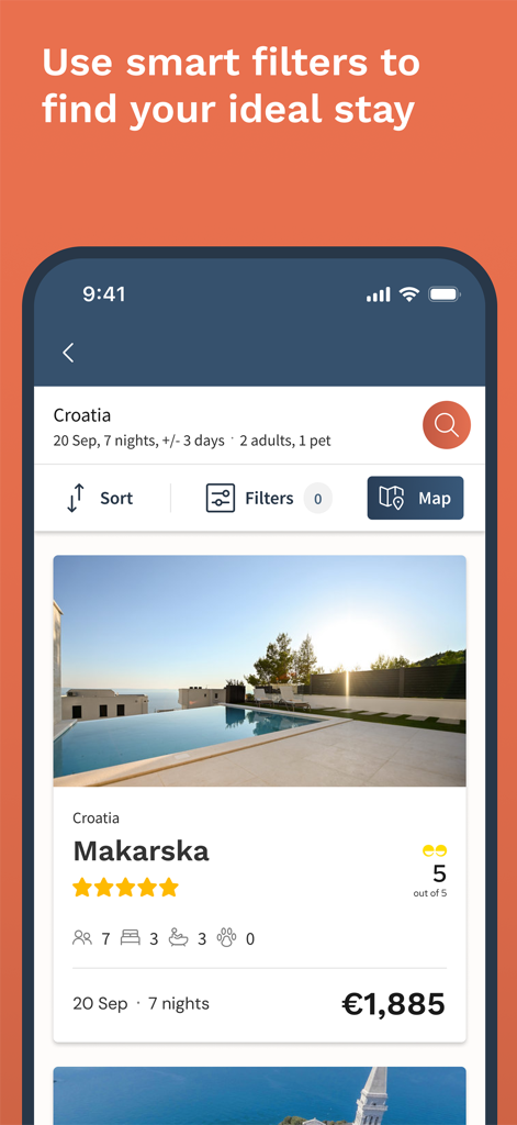 Screenshot einer mobilen App, der Suchergebnisse für Ferienwohnungen einer Luxusvilla in Kroatien mit intelligenten Filteroptionen zeigt.