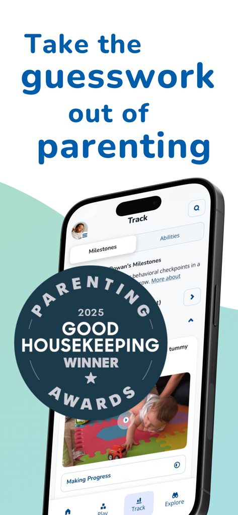 Pathways.org Baby Milestones - Pathways.org Baby Milestones app showing milestone tracking and a 2025 Good Housekeeping Parenting Award seal