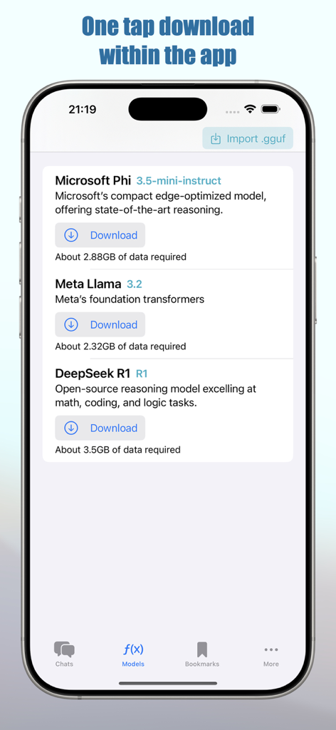 Smart AI: Local LLM & API Chat - Interface of Smart AI app showing available local LLM models like Microsoft Phi, Meta Llama, and DeepSeek R1 for one-tap download.