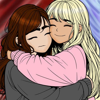 realistic two girls hugging