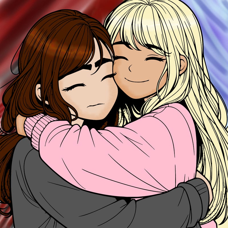 realistic two girls hugging