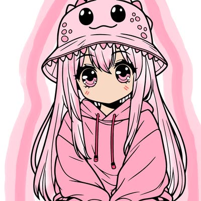 girl with anime shaped eyes with a dinosaur bucket hat oversized sweatshirt long straight hair