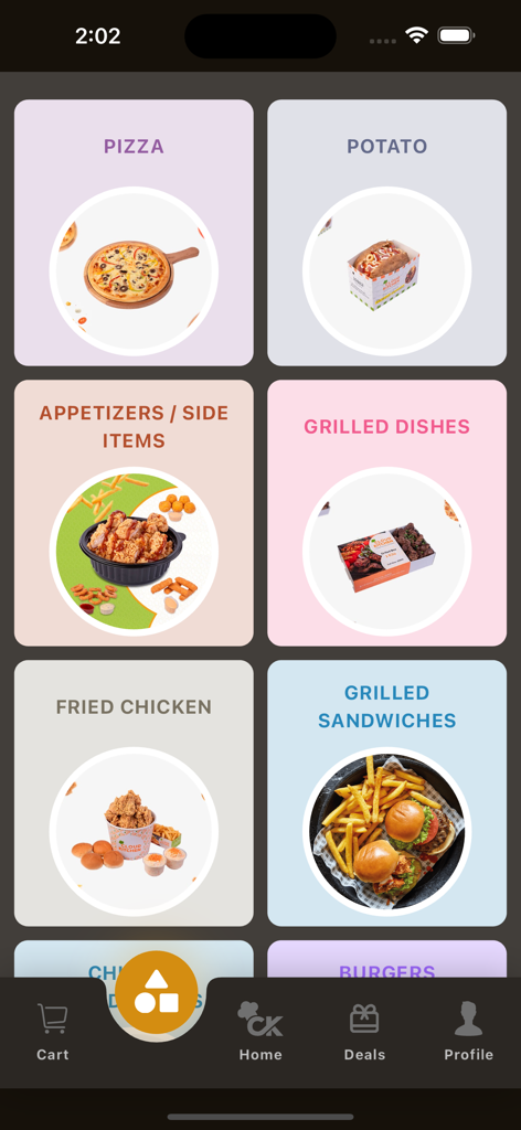 Cloud Kitchen - Tela do aplicativo móvel Cozinha na Nuvem com categorias de comida como pizza e sanduíches grelhados.