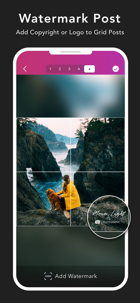 Griddy Pro: Split Pic in Grids - A mobile app interface showing a landscape photo split into a grid with a custom watermark logo added.