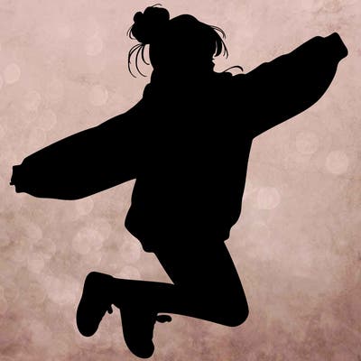 realistic girl jumping with a bun and oversized sweatshirt