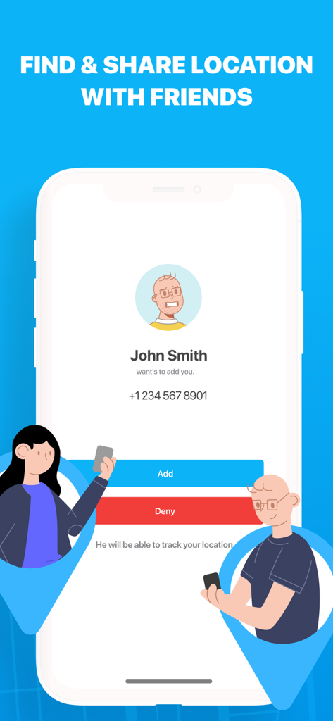 App interface showing a request to add a friend and share real time location