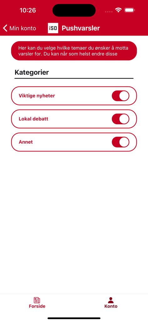 Capture d'écran de l'application iSolør montrant les paramètres de notification push avec des interrupteurs pour les catégories d'actualités telles que les nouvelles importantes et le débat local.