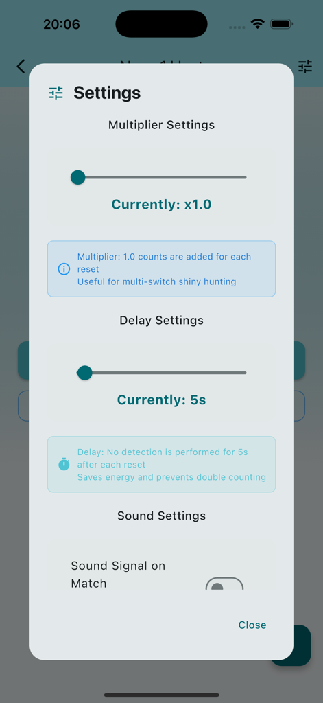 Auto Shiny Counter - Settings menu of the Auto Shiny Counter app showing multiplier and delay configurations for tracking Pokemon encounters.