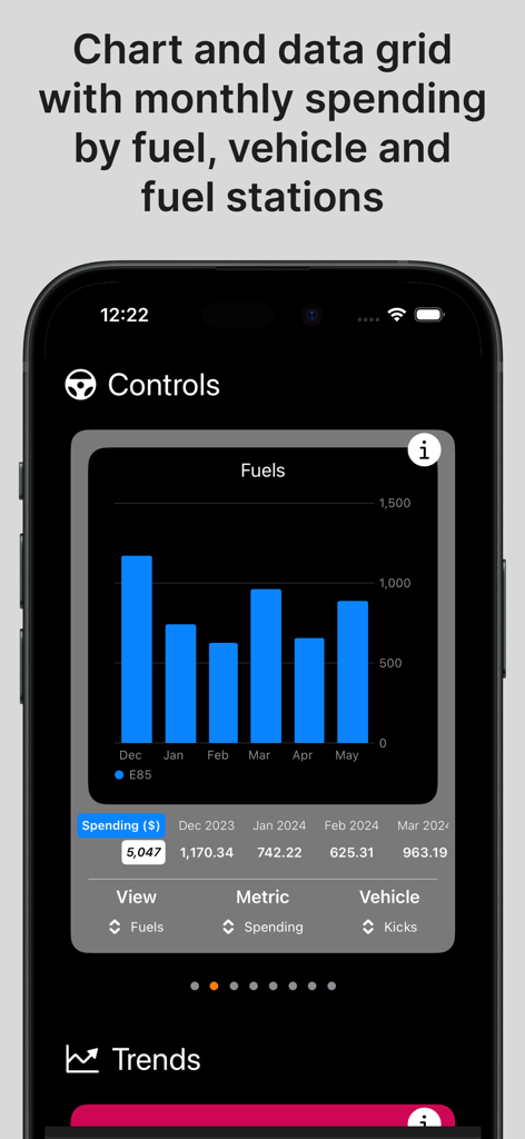 Fuel Tracker - Gas & Mileage - Interfaz de la aplicación Fuel Tracker que muestra un gráfico de barras y una cuadrícula de datos de gastos mensuales de gasolina