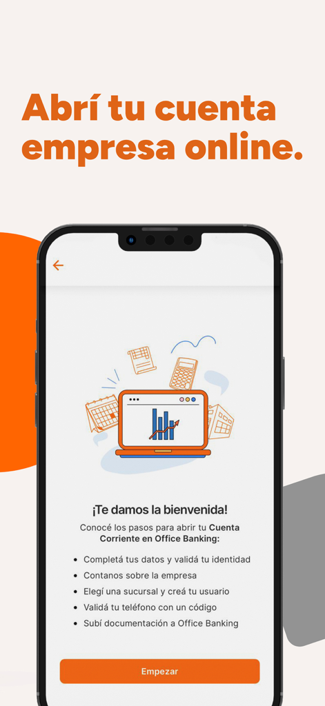 Galicia Office Empresas app welcome screen showing steps to open a business account online