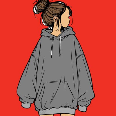 realistic girl with a oversized sweatshirt on and a bun