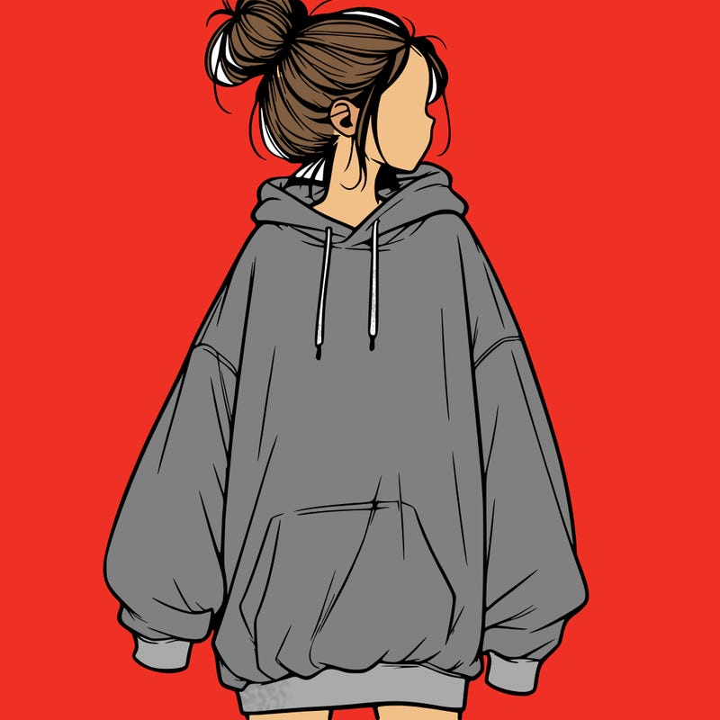 realistic girl with a oversized sweatshirt on and a bun