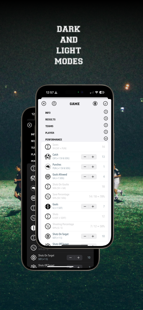 축구 기록 추적기 앱 인터페이스에 선수 통계 추적을 위한 다크 모드 및 라이트 모드 테마가 모두 표시됩니다.