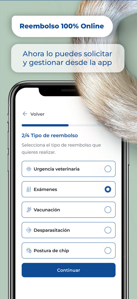 Pawer - Mobile app interface of Pawer showing options for pet medical expense reimbursements like exams and vaccinations