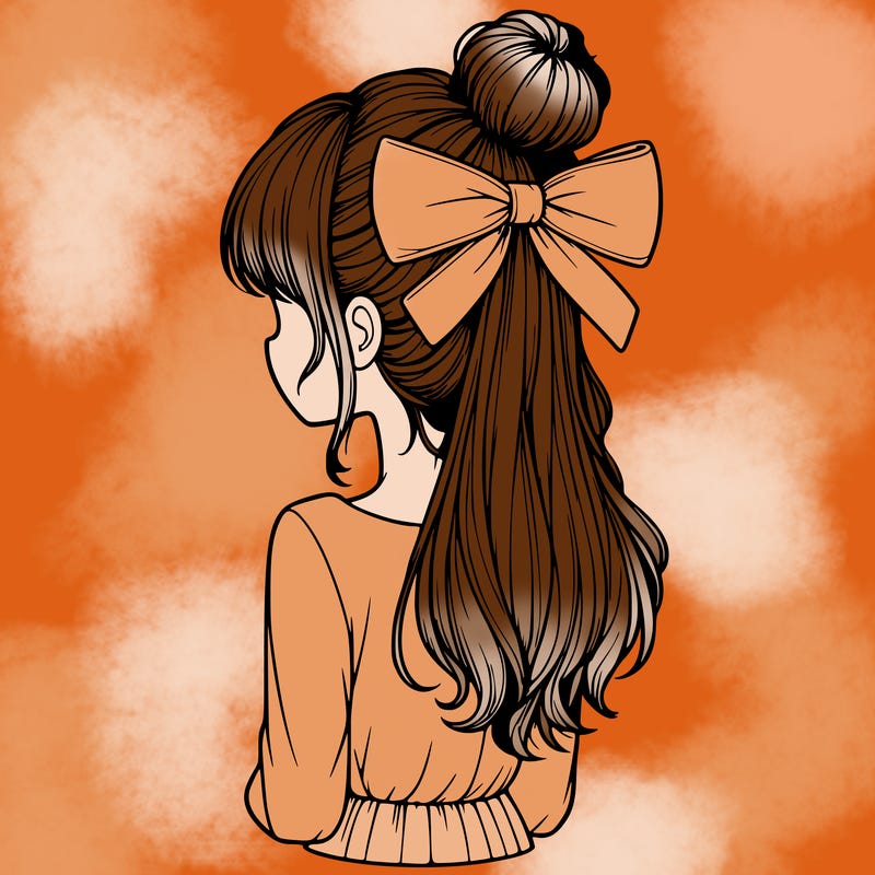 realistic girl  with hip length hair a bun and a big bow on the back of head