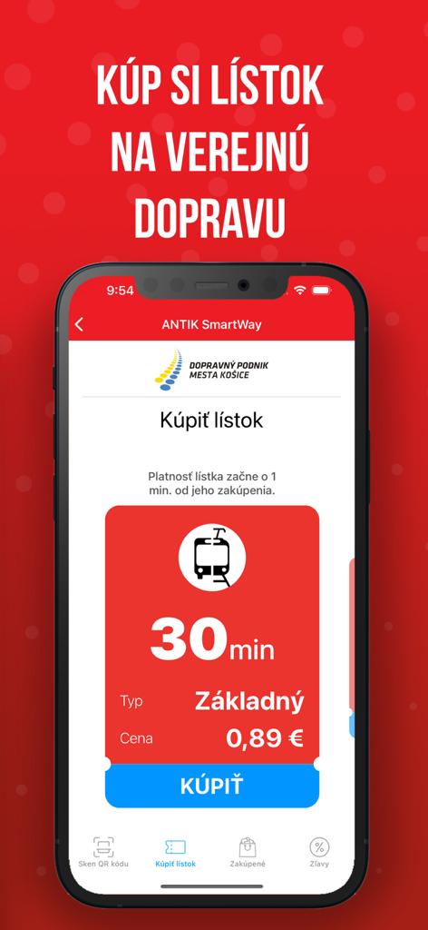 Smartphone screen showing the Antik SmartWay app interface for purchasing a 30-minute public transport ticket.
