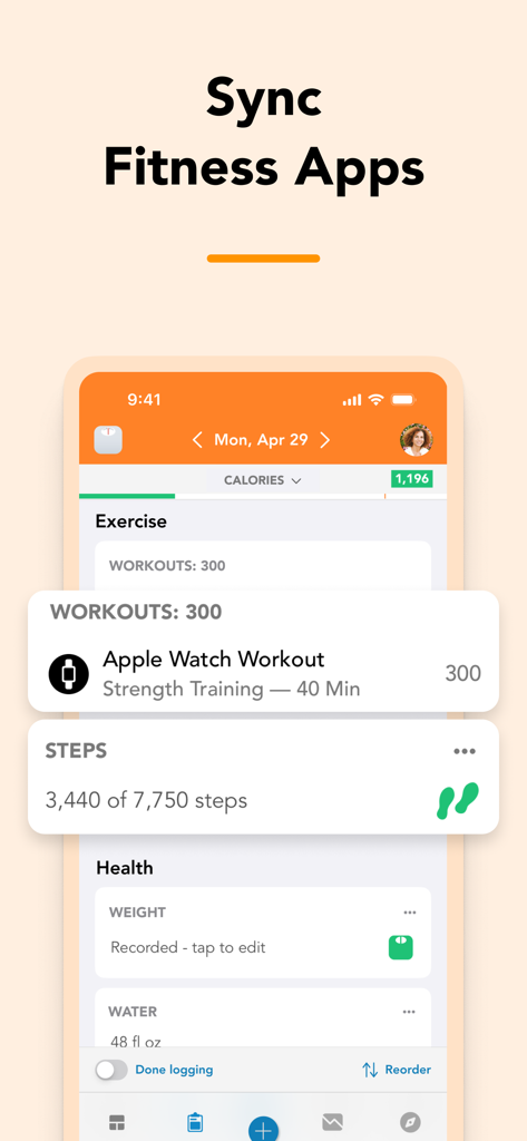 Screenshot of the Lose It app showing fitness app synchronization features for workouts and step tracking