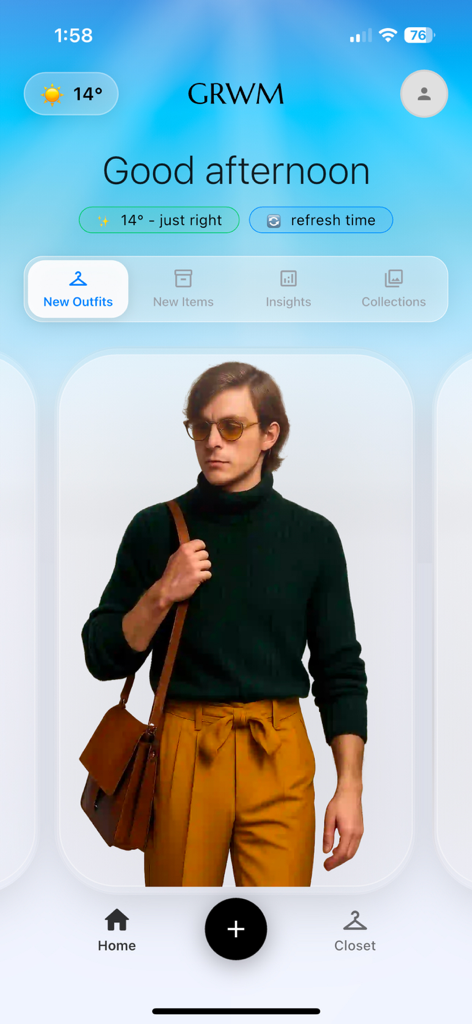 GRWM: Outfits - The home screen of the GRWM Outfits app showing a weather-tailored outfit suggestion featuring a man in a green turtleneck and mustard trousers.