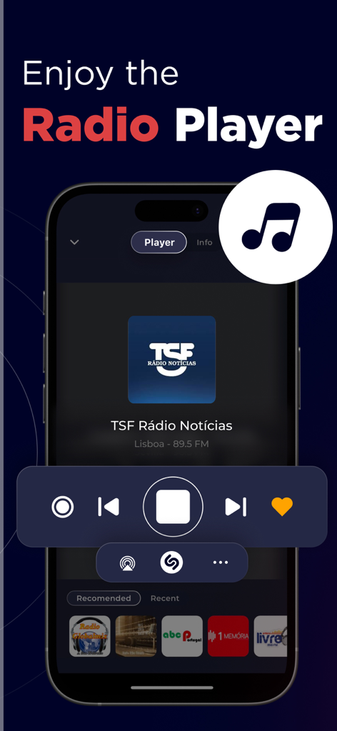 Pantalla del reproductor de radio de la aplicación Radio Portugal Live con la emisora TSF Radio Noticias.