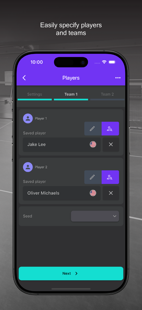 Badminton Scorer Pro - Interface for adding players and teams in the Badminton Scorer Pro app