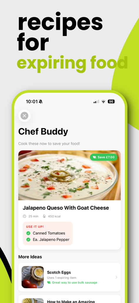Pantry Buddy - Less Food Waste - 만료되는 식품 품목을 사용하고 폐기물을 줄이기 위한 레시피 제안을 보여주는 Pantry Buddy 앱 화면