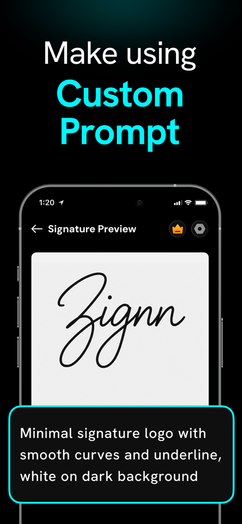 AI Signature Maker・Generator - Una interfaz móvil de la app Zignn que demuestra cómo generar una firma digital profesional usando una indicación de texto personalizada.
