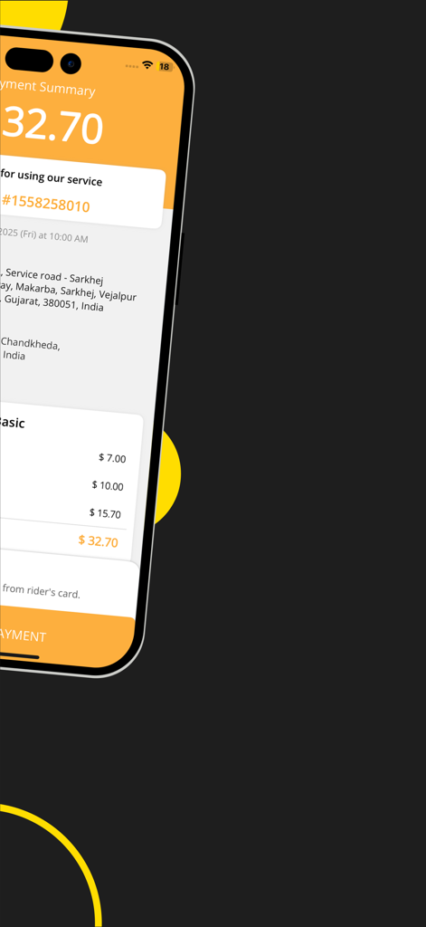Payment summary screen in the TaxiCube Driver app displaying trip earnings and addresses.