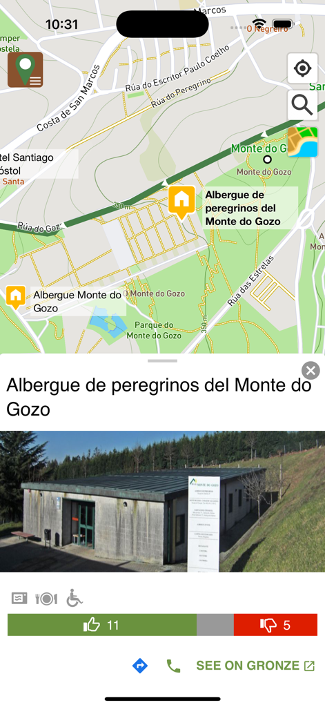 Gronze Maps - Gronze Maps interface showing a pilgrim hostel location and services on a map.