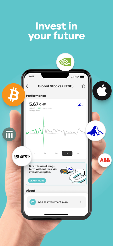 Pantalla de inversión de la aplicación neon mostrando el rendimiento del mercado de valores e iconos de criptomonedas